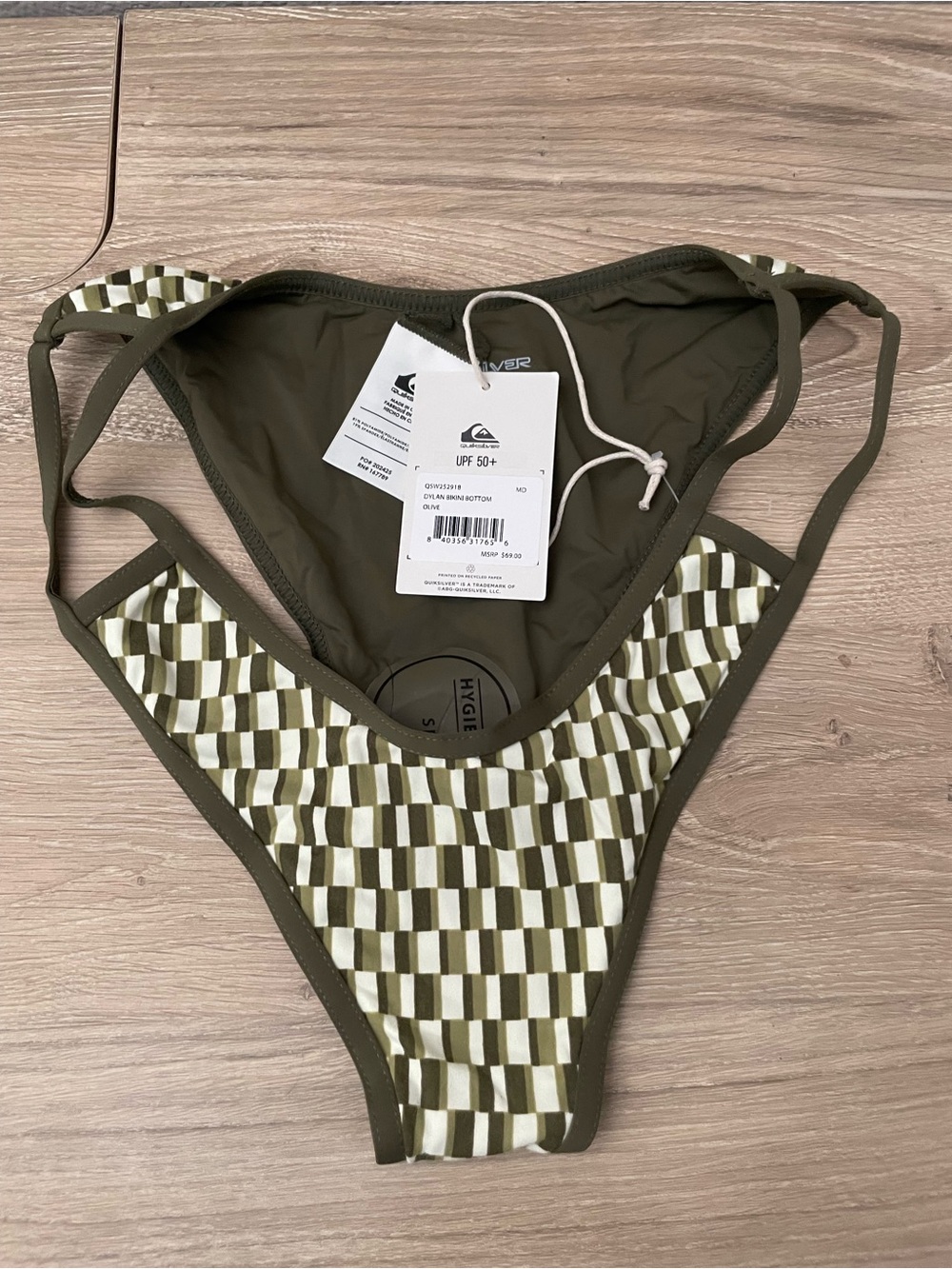 Quiksilver NWT Women's Olive Check-Print Bikini Bottom. UPF50+